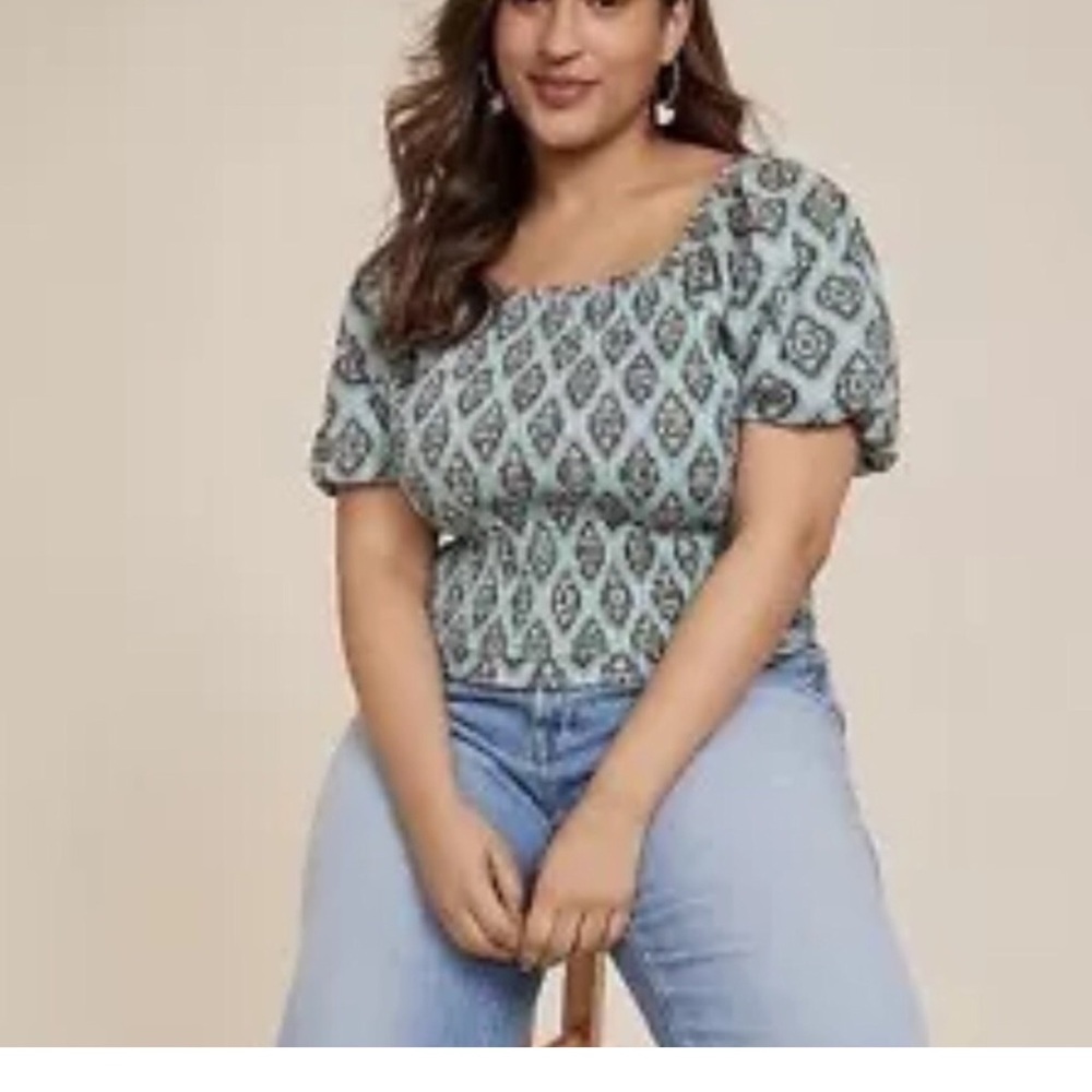 Maurices Womens Medallion Smocked Puff Sleeve Top Boho Plus Size 1X